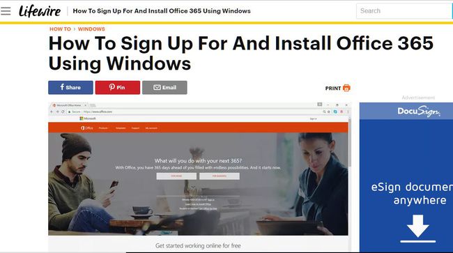 Kuvakaappaus Lifewire-artikkelista Office 365:n kirjautuminen ja asentaminen Windowsissa.