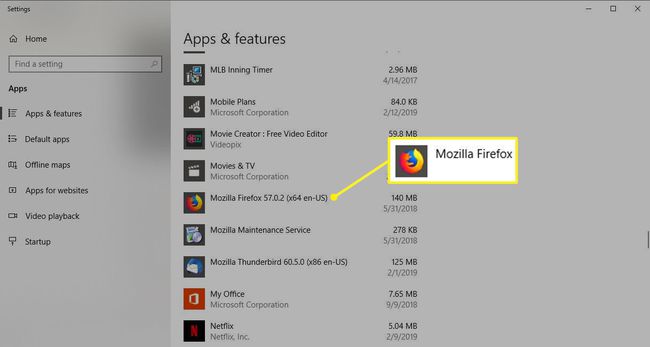 Windows 10:n sovellusten ja ominaisuuksien asetukset Mozilla Firefox korostettuna