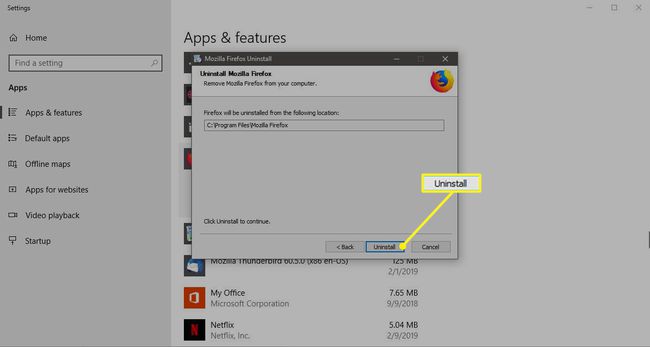 Firefoxin ohjatun asennuksen poistotoiminnon sijaintinäyttö, jossa Uninstall on korostettuna