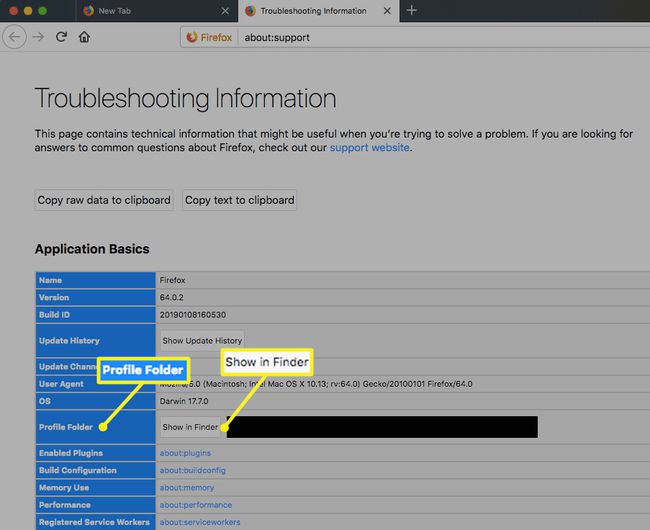 macOS Firefoxin vianmääritystiedot -näyttö, jossa Profiili ja Näytä Finderissa korostettuina