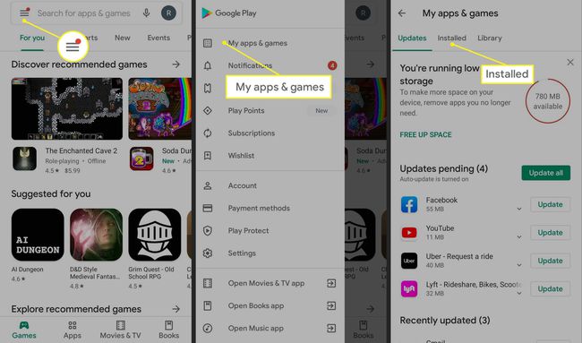 Polku Google Play -sovelluksesta asennettuihin sovelluksiin ja peleihin