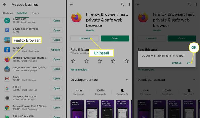 Poista Firefox Androidin Google Play -sovelluksesta