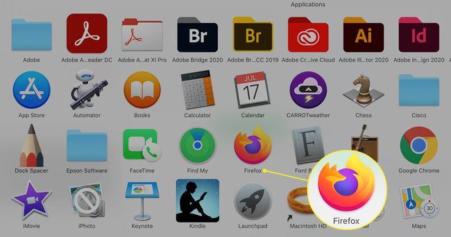 macOS Applications -kansio, jossa FIrefox-sovellus on korostettuna