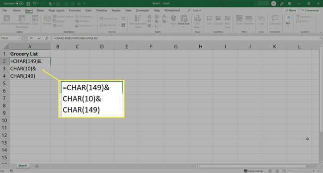 Kuinka käyttää CHAR-toimintoa luettelomerkkien lisäämiseen Excelissä
