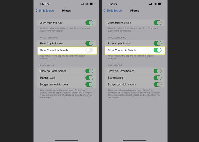 iPhone-hakuasetukset, joissa Näytä sisältö haussa on merkitty päälle ja pois päältä