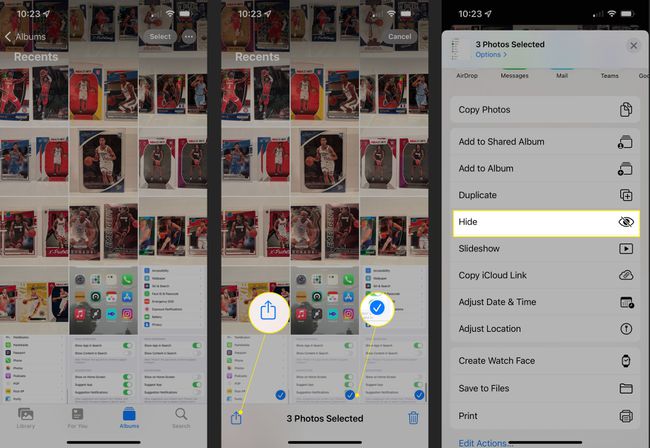 Photos-sovellus iPhonessa, jossa valokuvat on valittu, jakoruutu korostettuna ja Piilota korostettuna