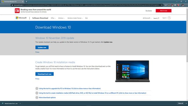Kuvakaappaus Windows 10 -lataussivustosta.