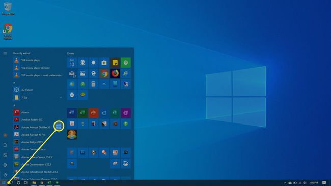 Käynnistä-valikko Windows 10:ssä.