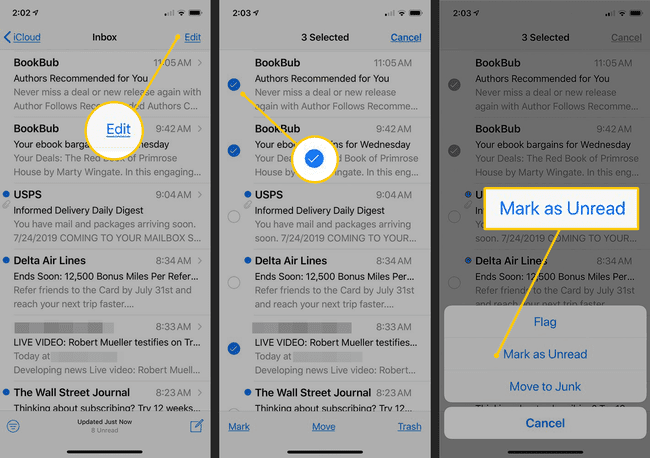 Muokkaa-painike, valintaruutu, Merkitse lukemattomaksi -painike iOS Mailissa