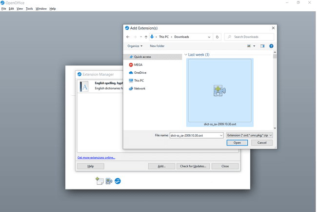 OpenOffice-näyttö Lisää laajennus korostettuna OXT-tiedostolla