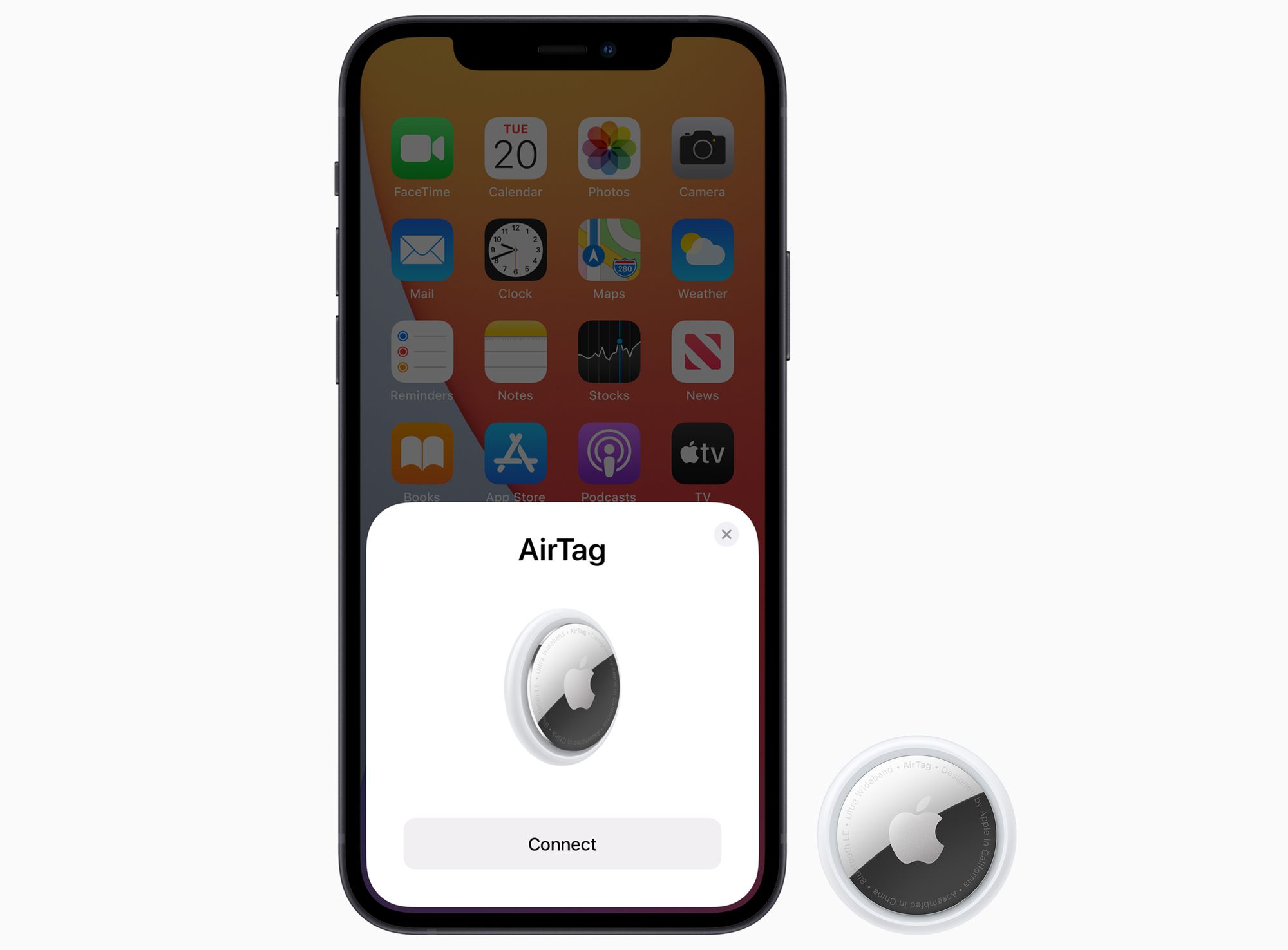AirTag ja iPhone, joiden AirTag-yhteys näkyy iPhonen näytöllä.