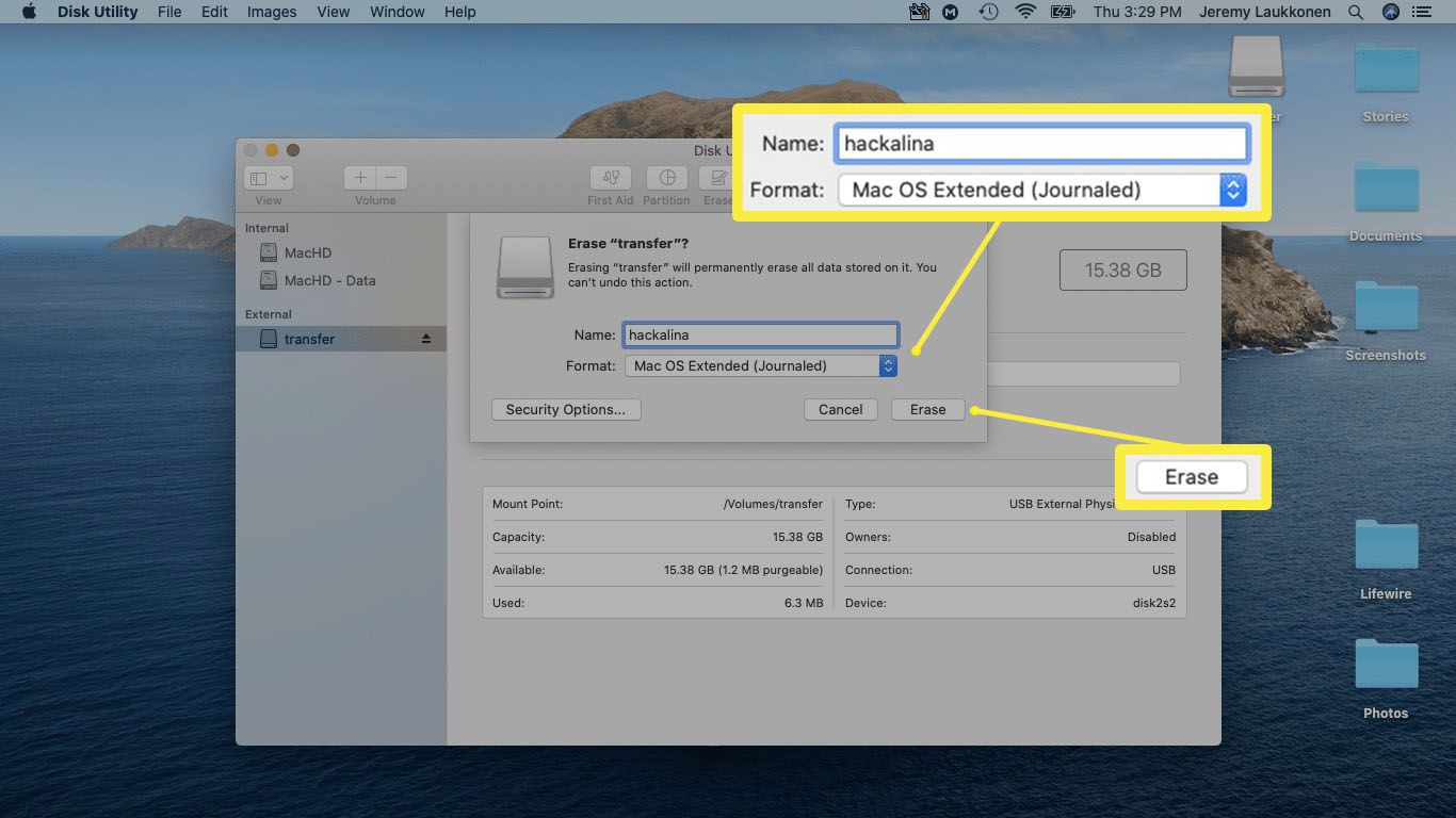 Kuvakaappaus USB-aseman tyhjentämisestä macOS:ssä.