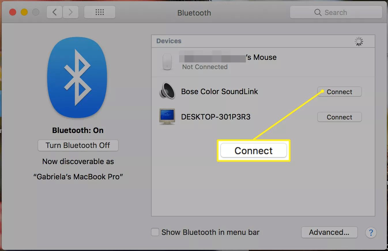 Yhdistä-painike macOS Bluetoothissa