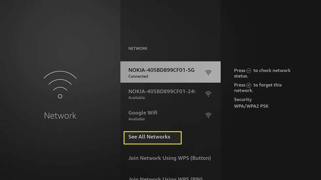 Amazon Fire Stick Network -näyttö käytettävissä olevilla Wi-Fi-verkoilla.