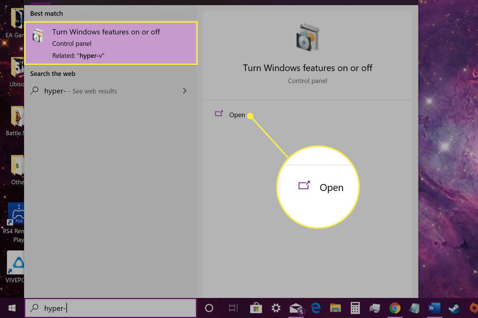 "Ota Windowsin ominaisuudet käyttöön tai poista ne käytöstä" ja Open opdrachten -komennot