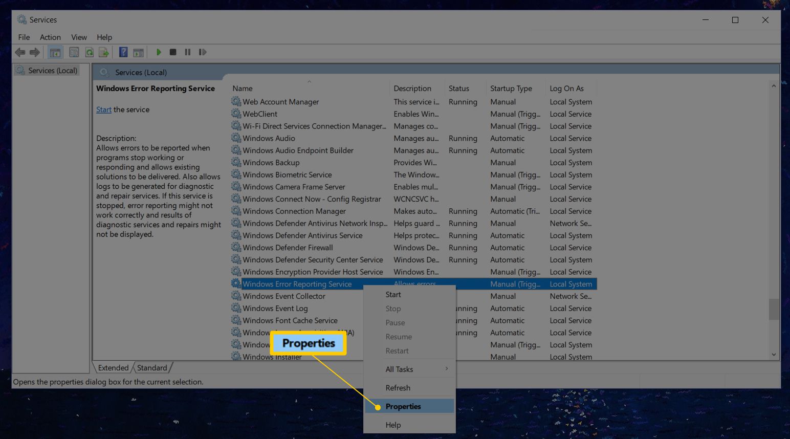 Windows Error Reporting Services -valikon Ominaisuudet-alivalikko