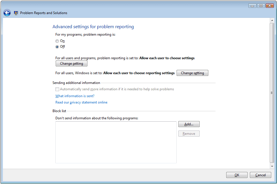 Näyttökuva, joka näyttää, kuinka Windowsin virheraportointi poistetaan käytöstä Vistassa