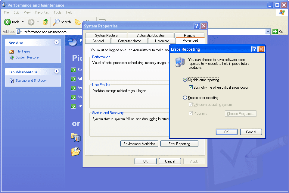 Näyttökuva, joka näyttää, kuinka Windows XP:n virheraportointi poistetaan käytöstä