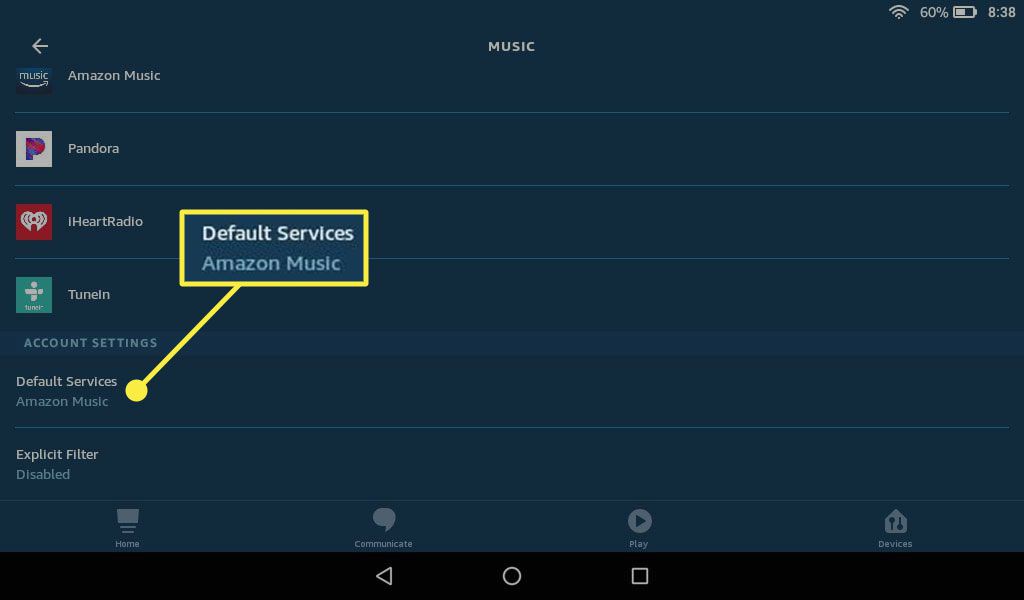 Oletuspalvelut Alexa Musicin asetuksissa