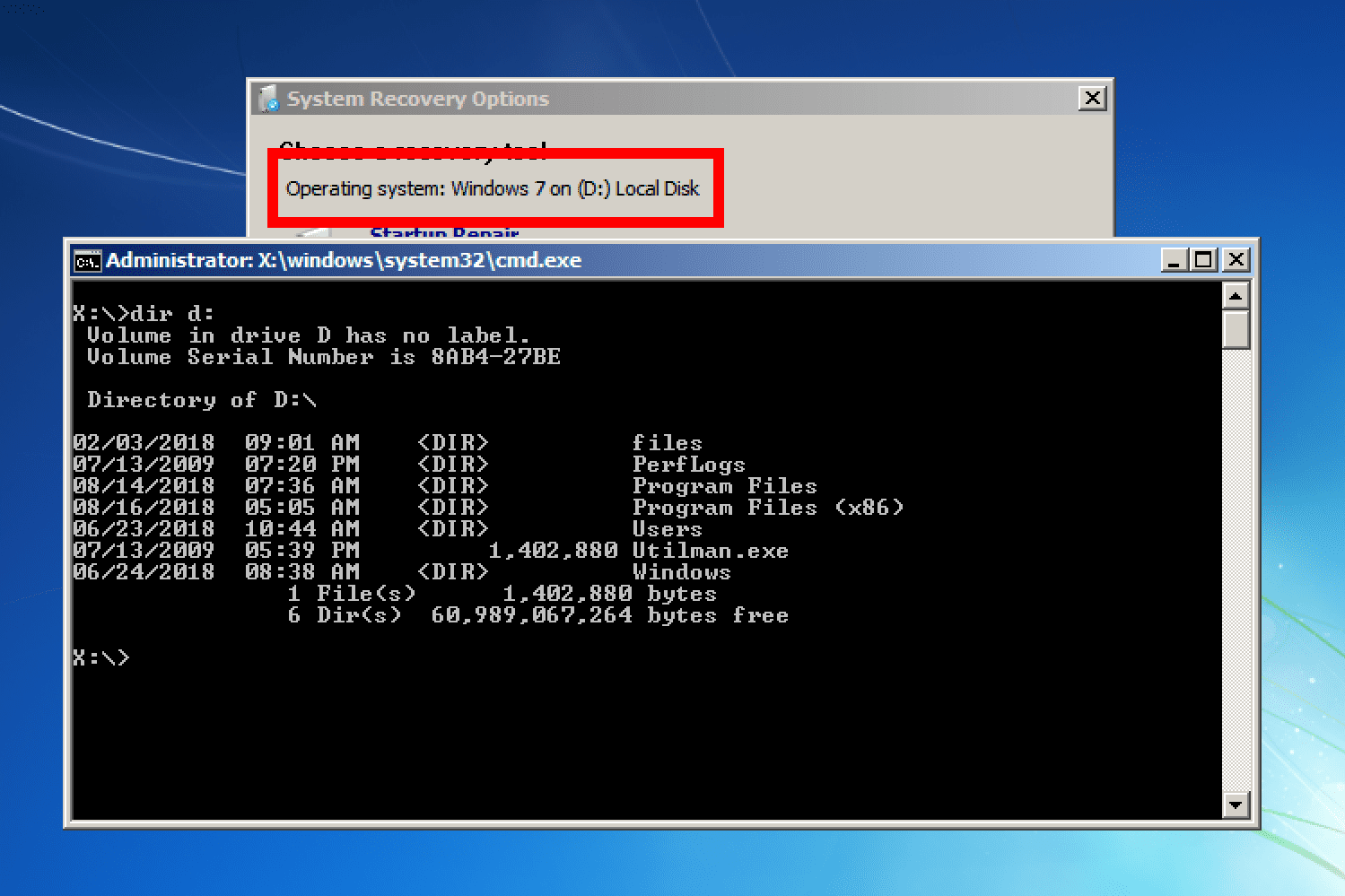 Järjestelmän palautusasetukset -valikon asemakirjain Windows 7:ssä