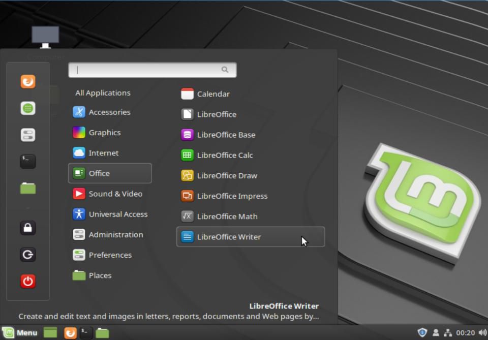 Linux Mint Desktopin päävalikko