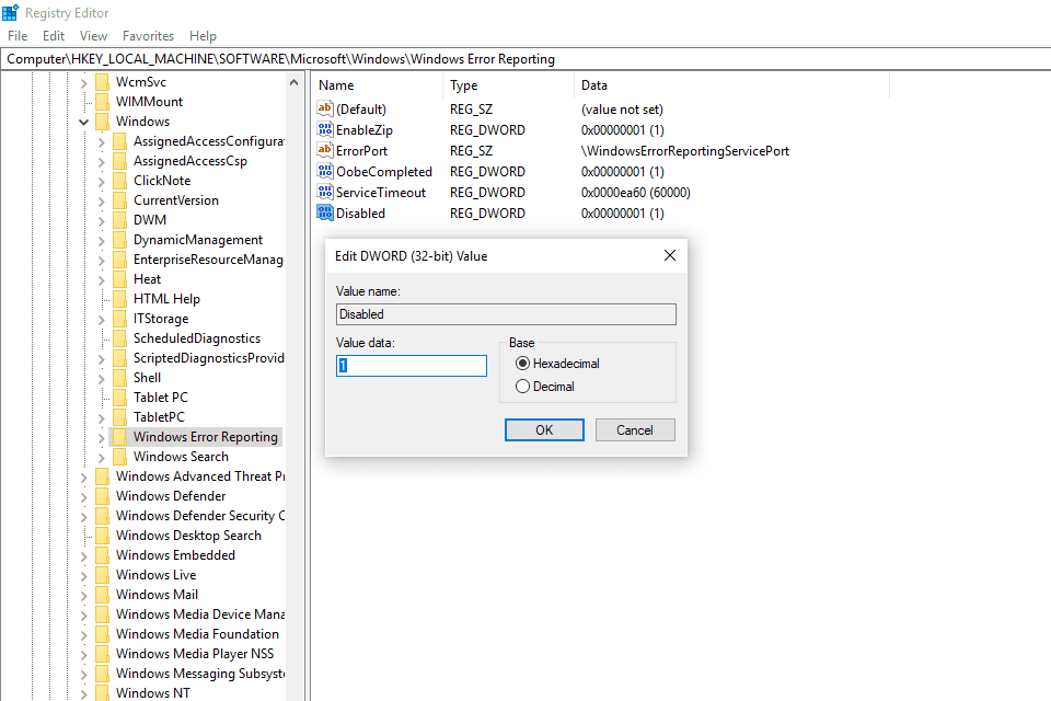 Näyttökuva, joka näyttää, kuinka Windowsin virheraportointi poistetaan käytöstä Windows 10:ssä rekisterieditorista