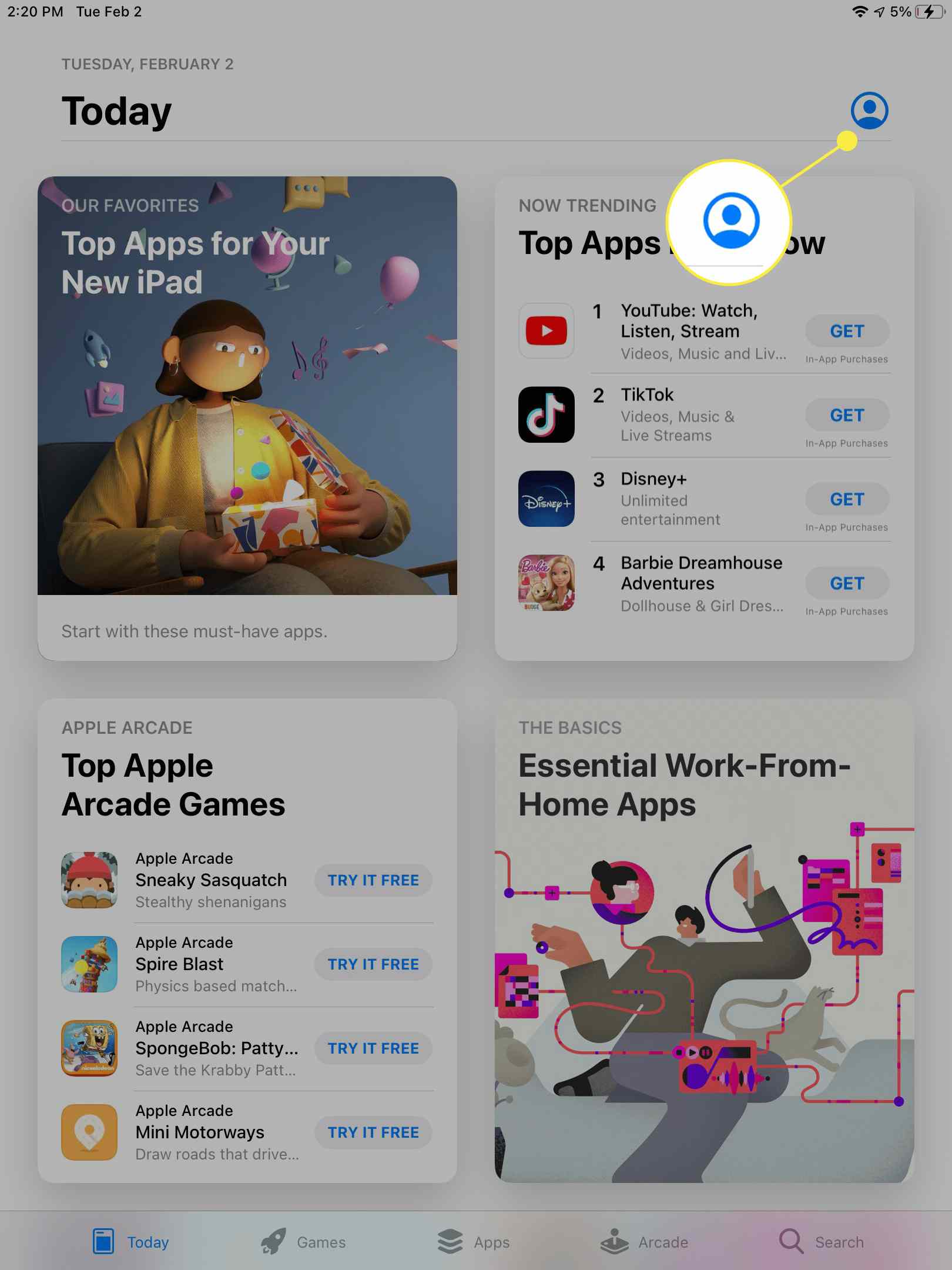 App Store iPadissa, jossa käyttäjän profiilikuvake on korostettuna.
