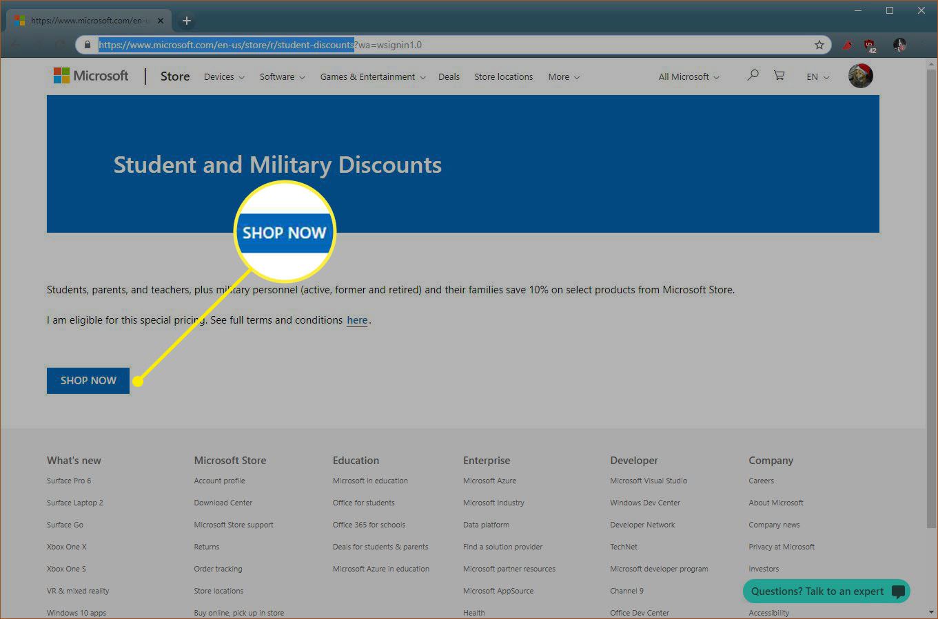 Kuvakaappaus Microsoft Student Discounts and Military Discounts -sivustosta.