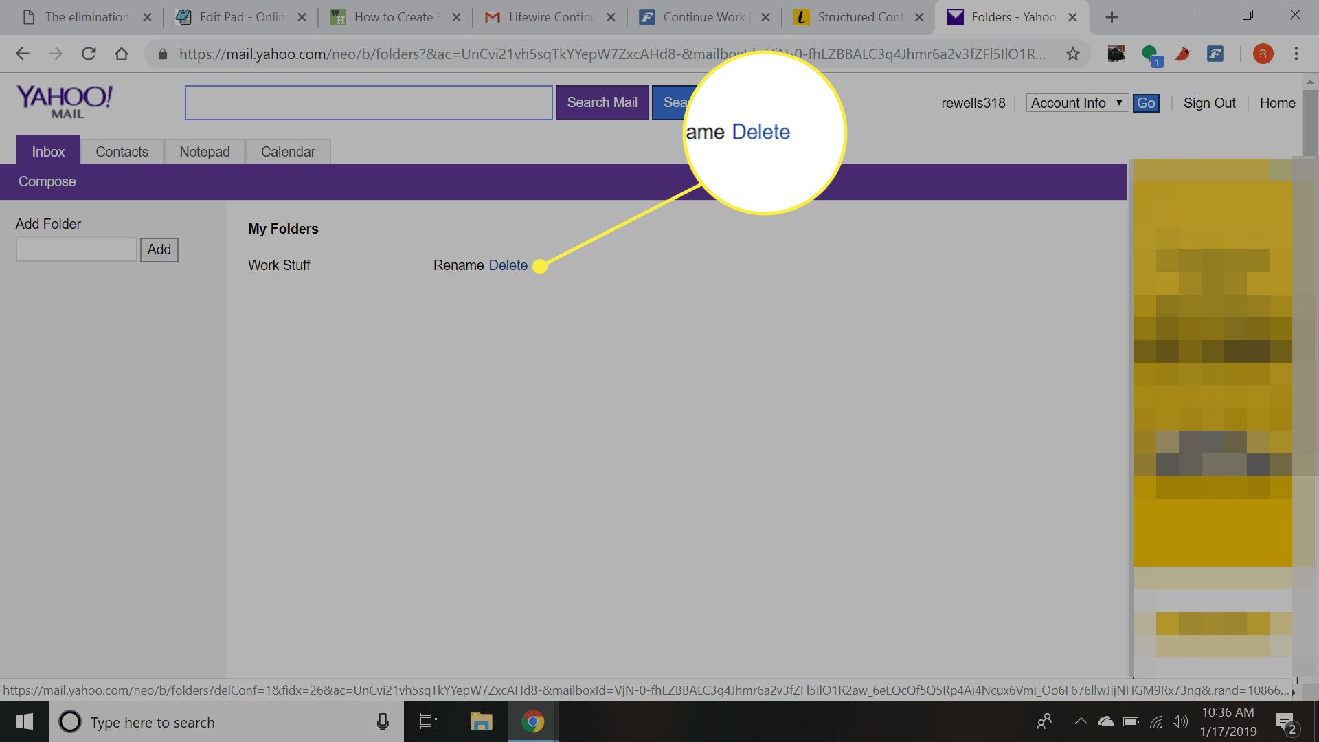 Kuvakaappaus Yahoo Mail Basicista, jossa on korostettuna Poista kansio -komento