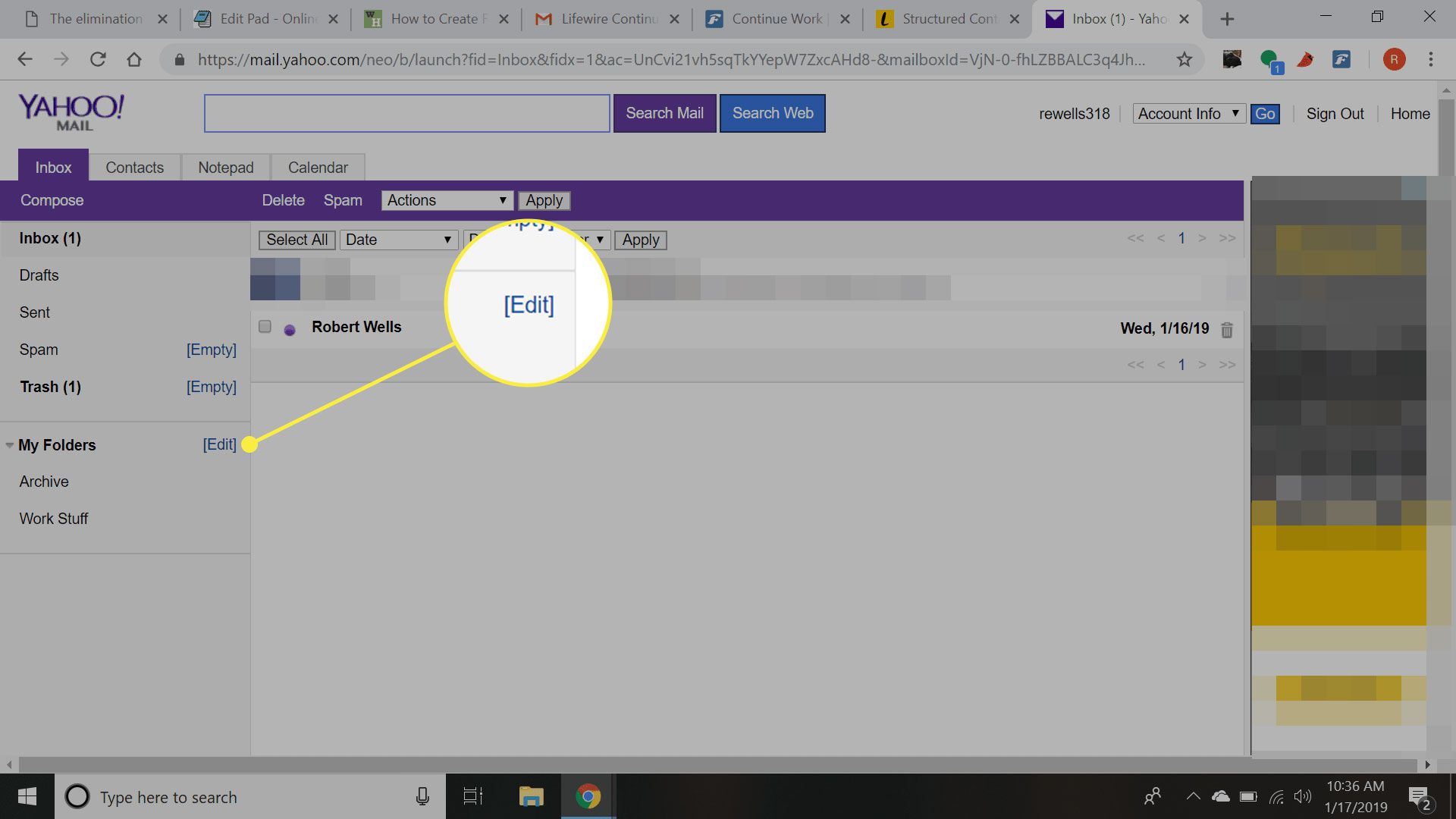Kuvakaappaus Yahoo Mail Basicista, jossa Muokkaa-painike on korostettuna