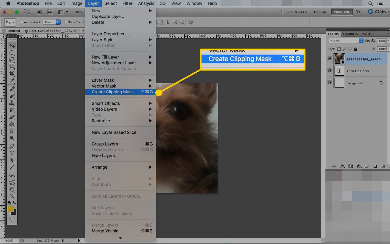 Photoshop Macissa, jossa Create Clipping Mask -vaihtoehto on korostettuna