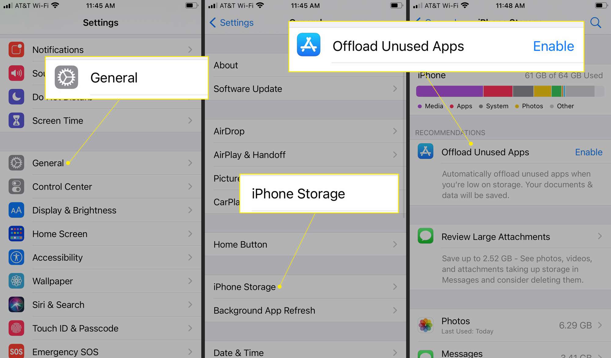 iPhone-asetukset, joissa Yleiset, iPhone-tallennustila ja "Offload Unused Apps" on korostettuna