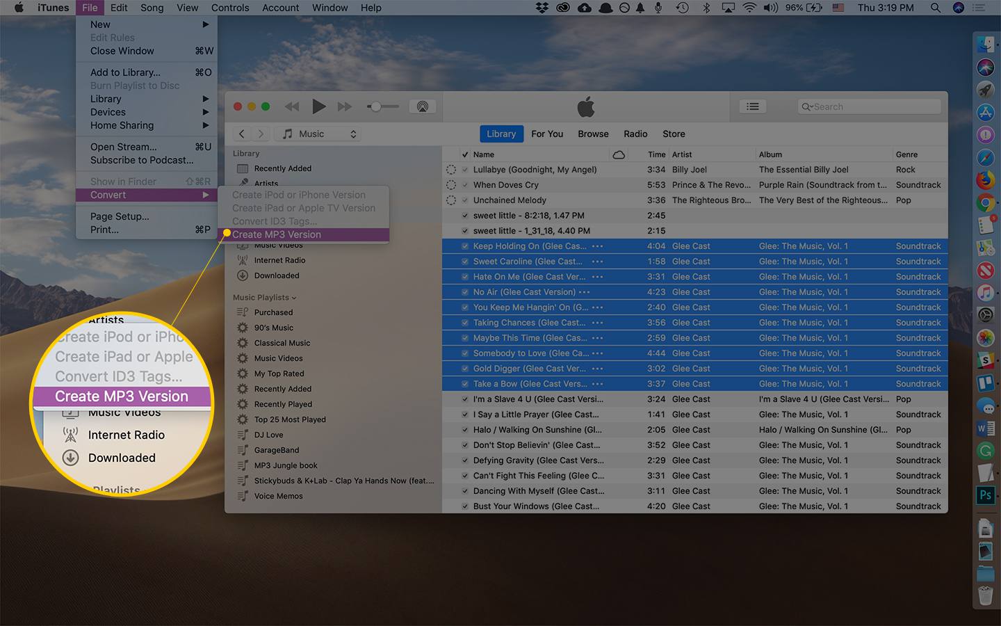 Luo MP3-versio -valikkokohta iTunesin Tiedosto-valikossa macOS:ssä