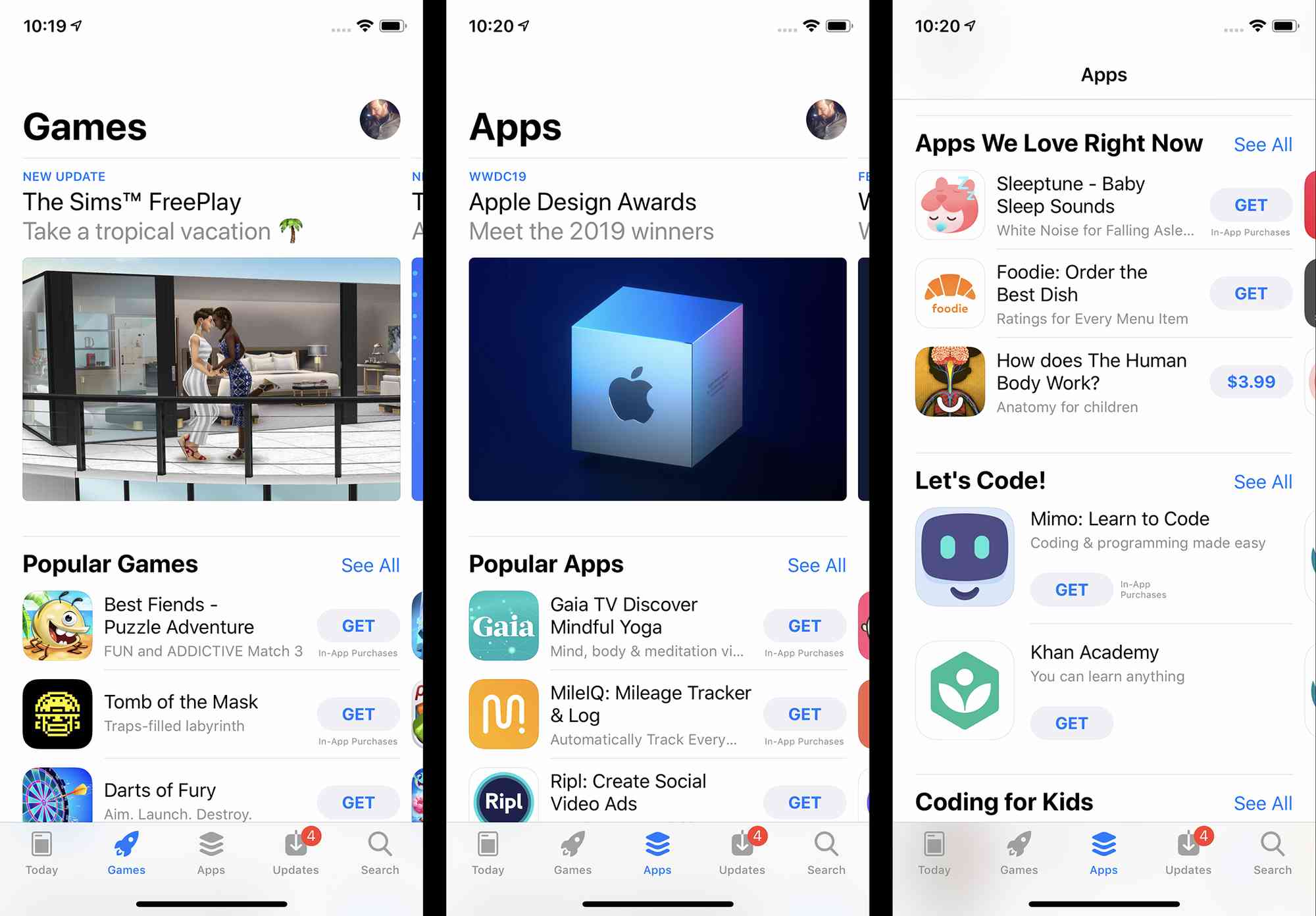 Näyttökaappaus App Storen Pelit- ja Sovellukset-välilehdistä