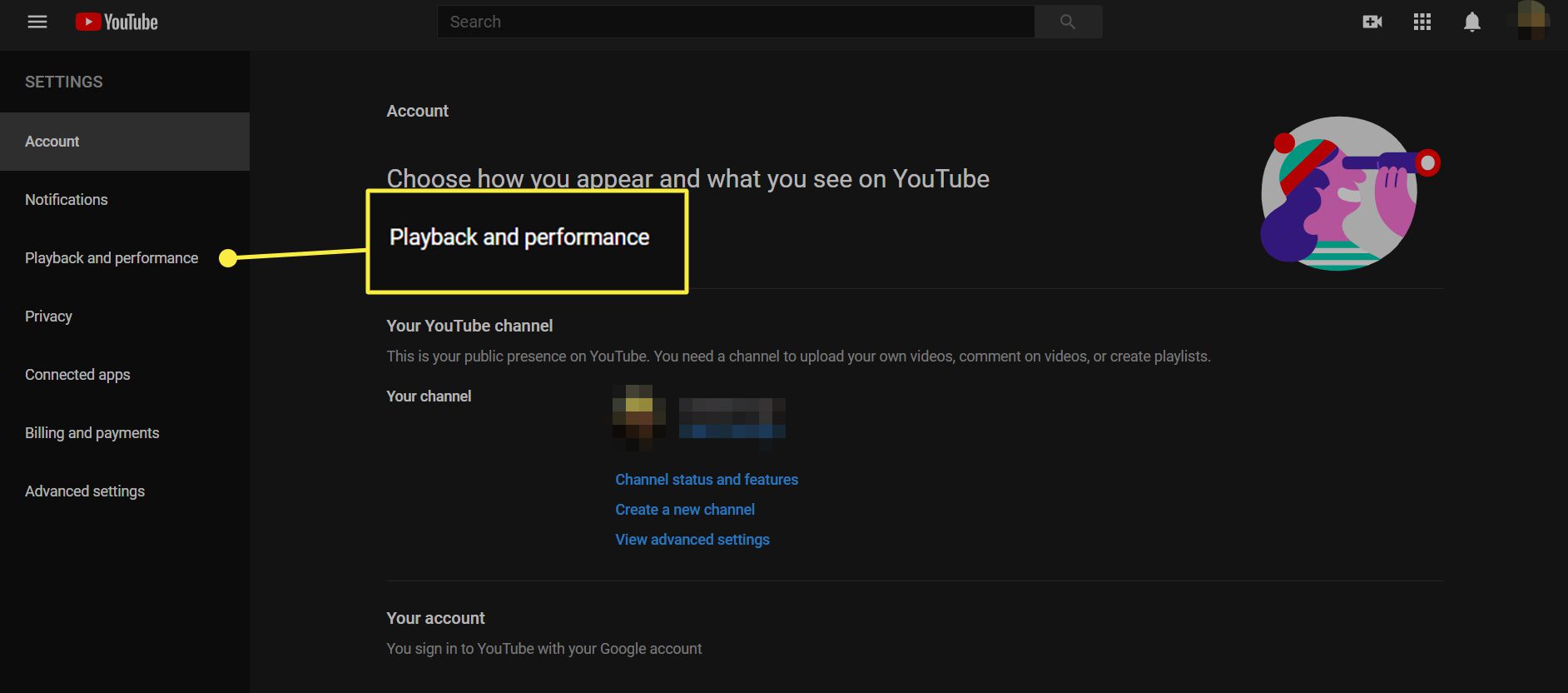 YouTuben asetusvaihtoehdot, joissa Toisto ja saavutukset korostettuina.