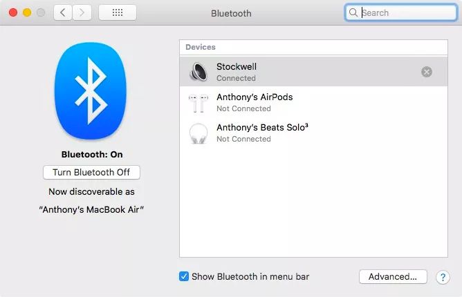 Bluetooth-järjestelmäasetukset macOS:ssä