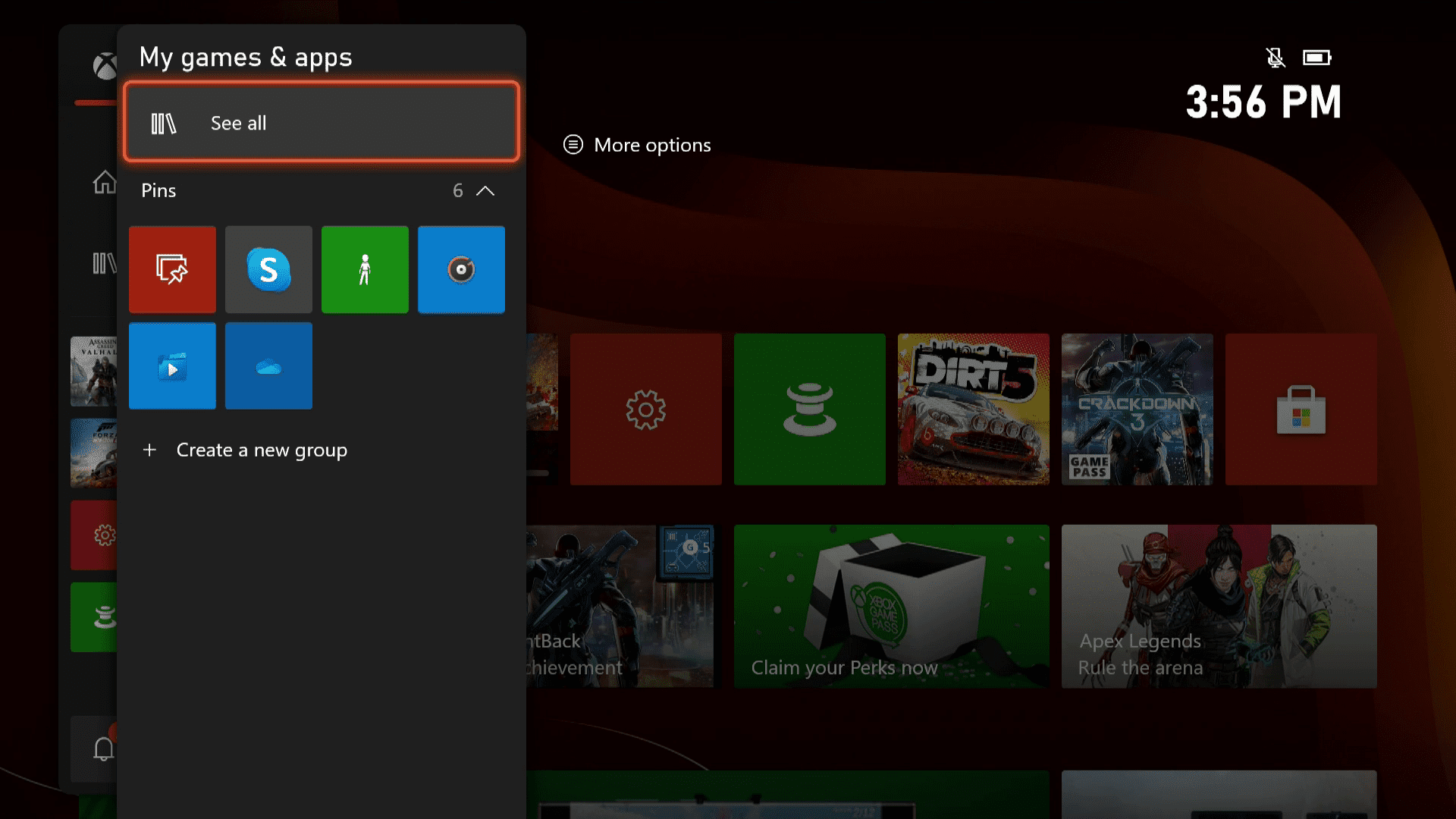 Xbox Series X|S Omat pelit ja sovellukset -valikko.