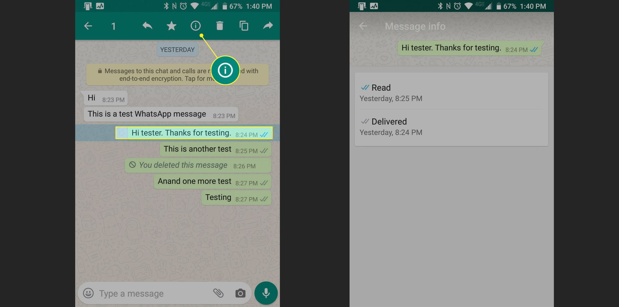 WhatsApp, jossa viesti on valittu ja luettu ja toimitettu aikatiedot