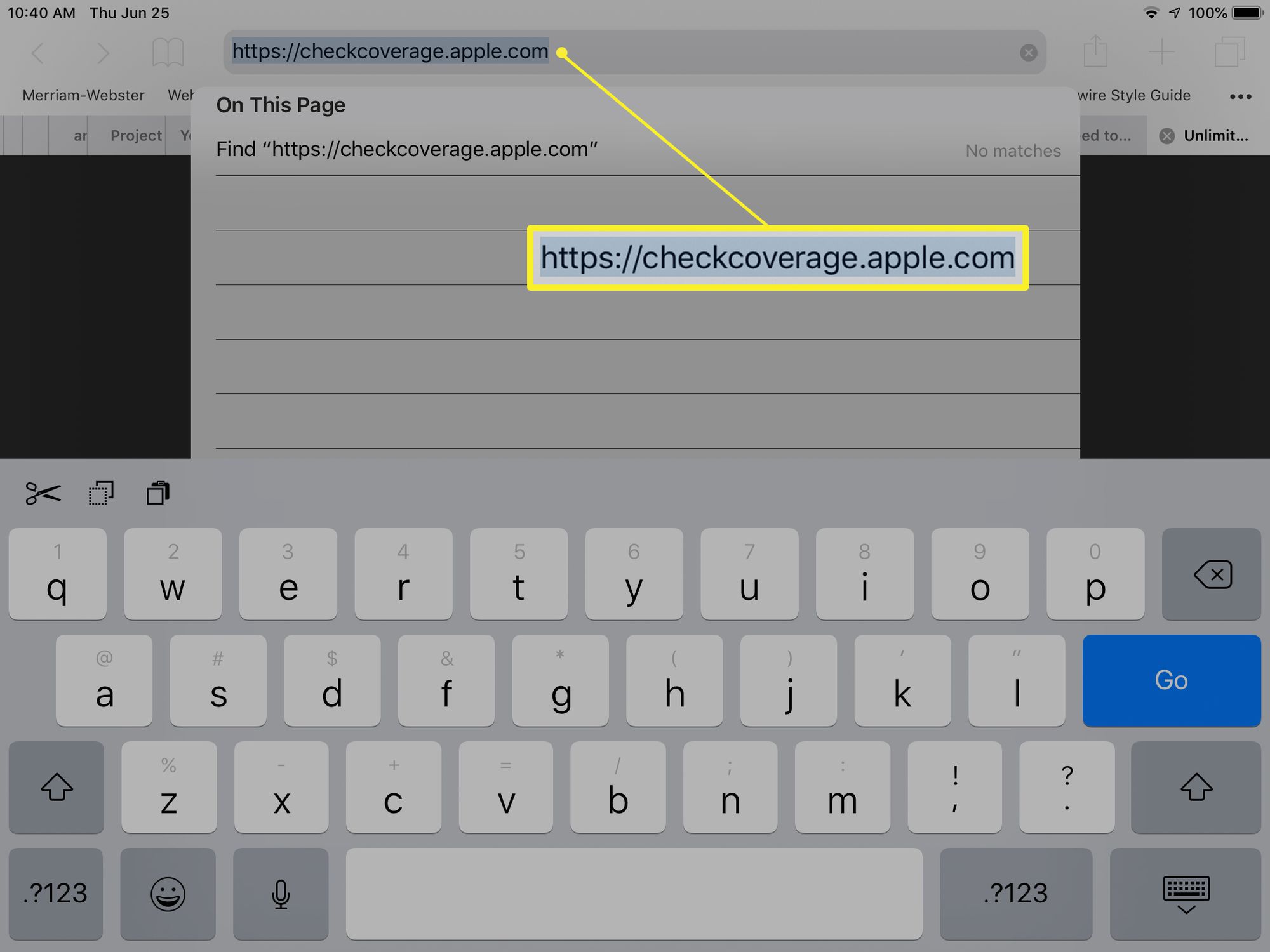 URL-osoite iPadin takuun tarkistamiseen