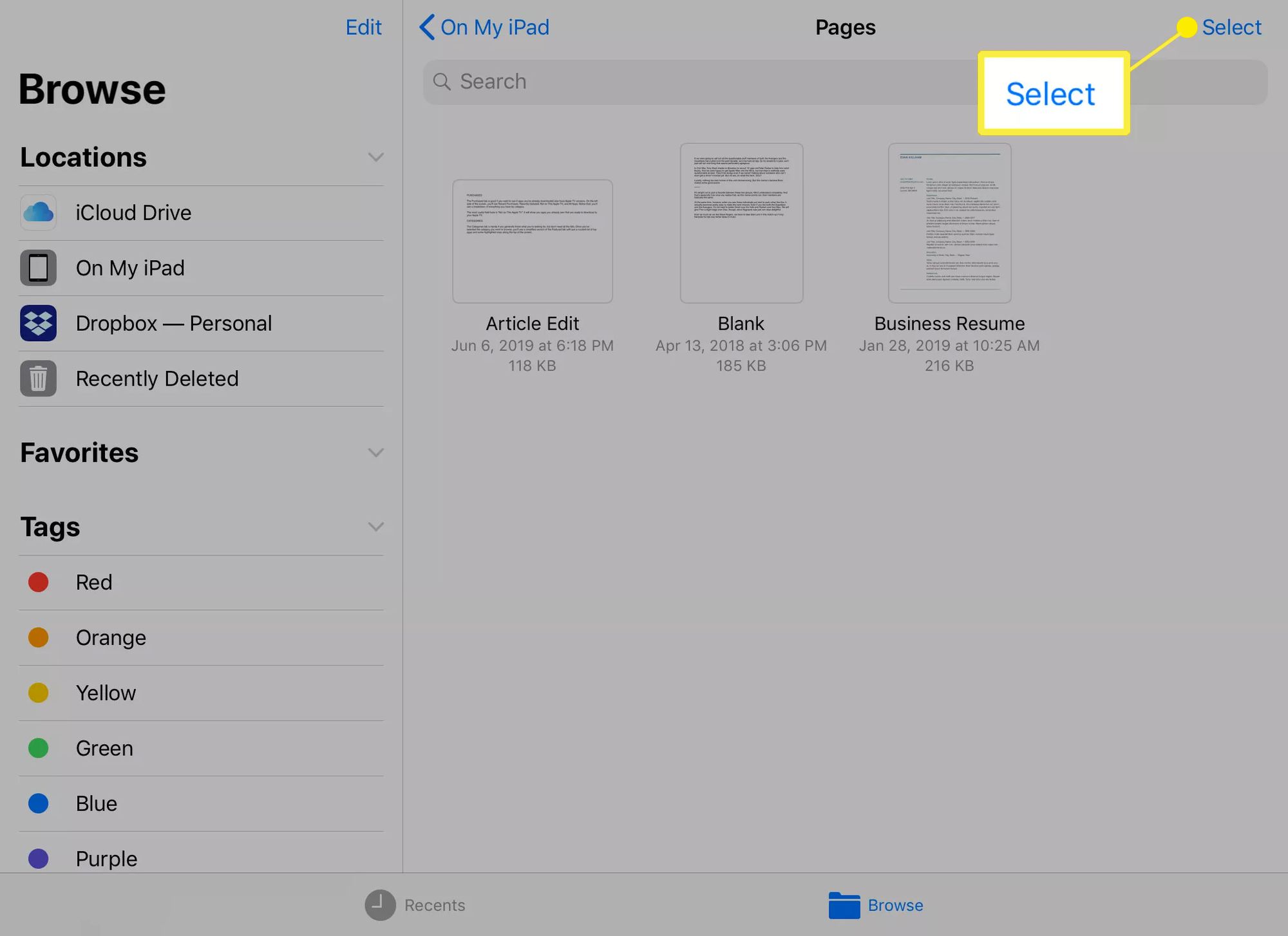 iOS Files -sovellus, jossa Select on korostettu