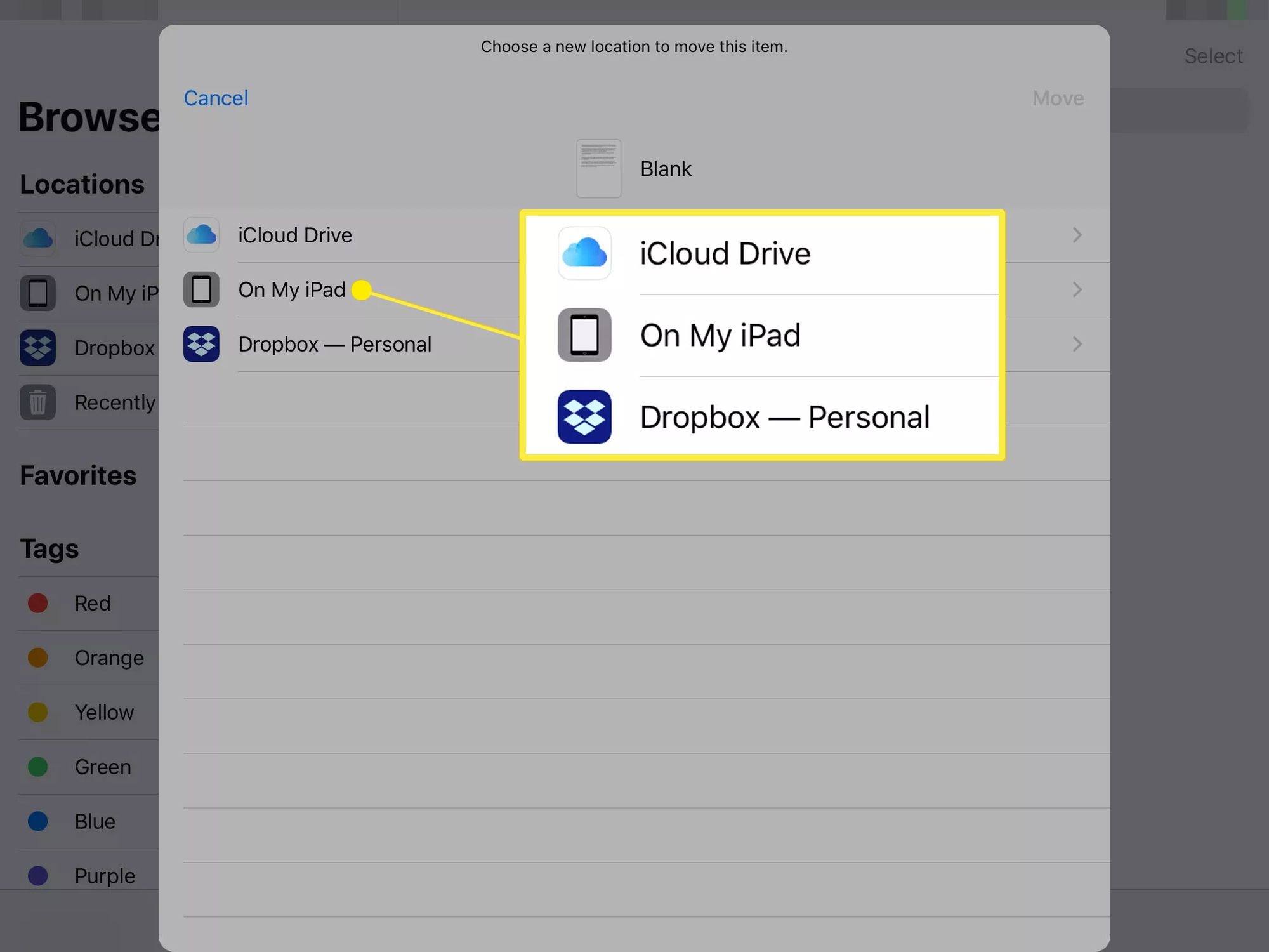 Kohdeasetukset iOS:n ja iPadOS:n Tiedostot-sovelluksessa