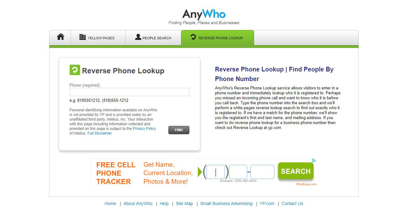 Näyttökaappaus AnyWho-verkkosivustosta puhelinnumeroiden etsimistä varten.