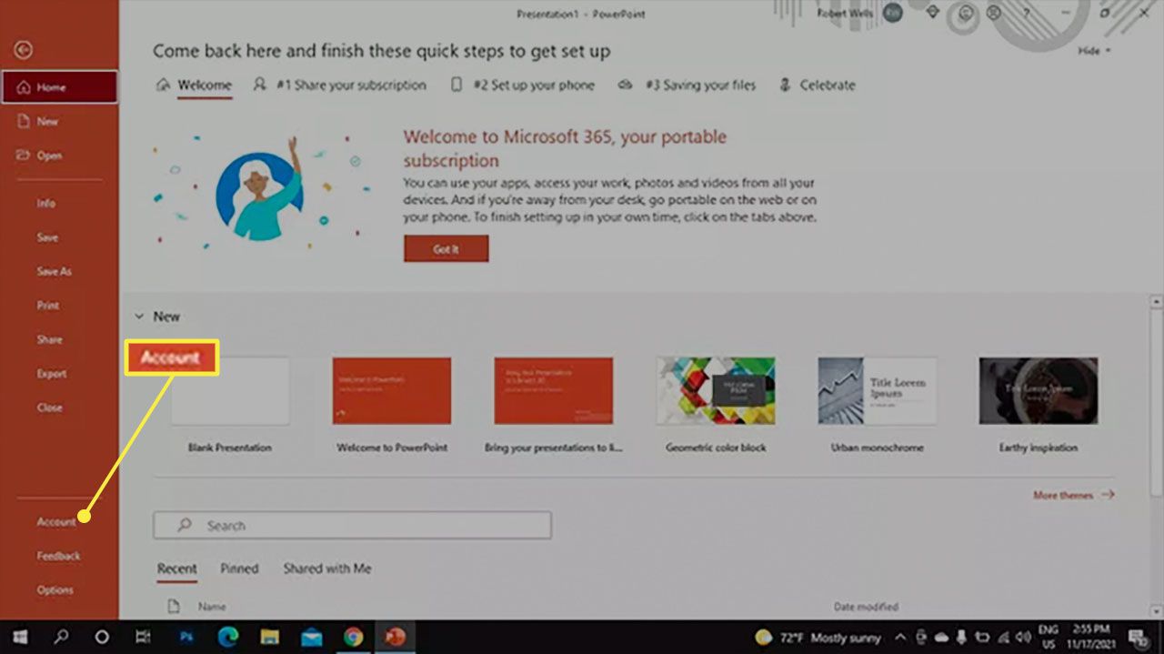 Tili PowerPoint for Office 365:ssä.