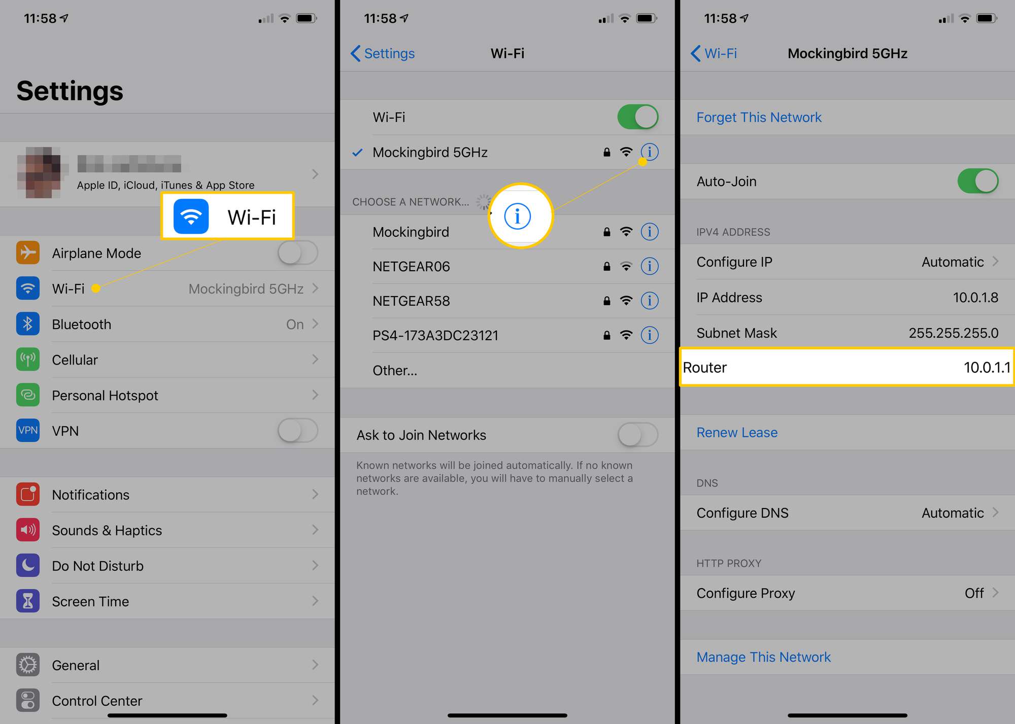 Wi-Fi-, Info- ja Router Information -näytöt iOS-asetuksissa