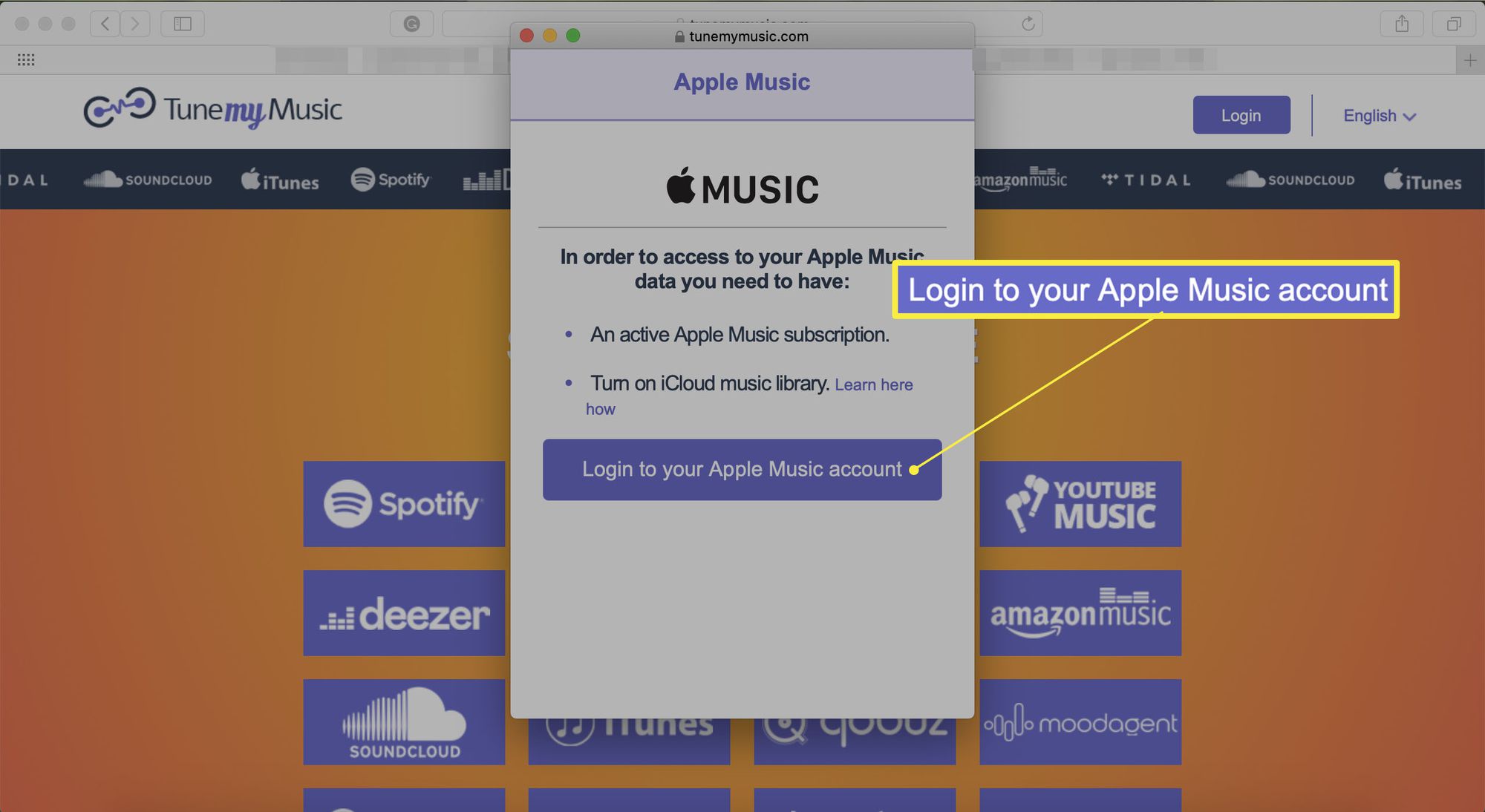 TuneMyMusic Kirjaudu sisään Apple Music -tilisivullesi