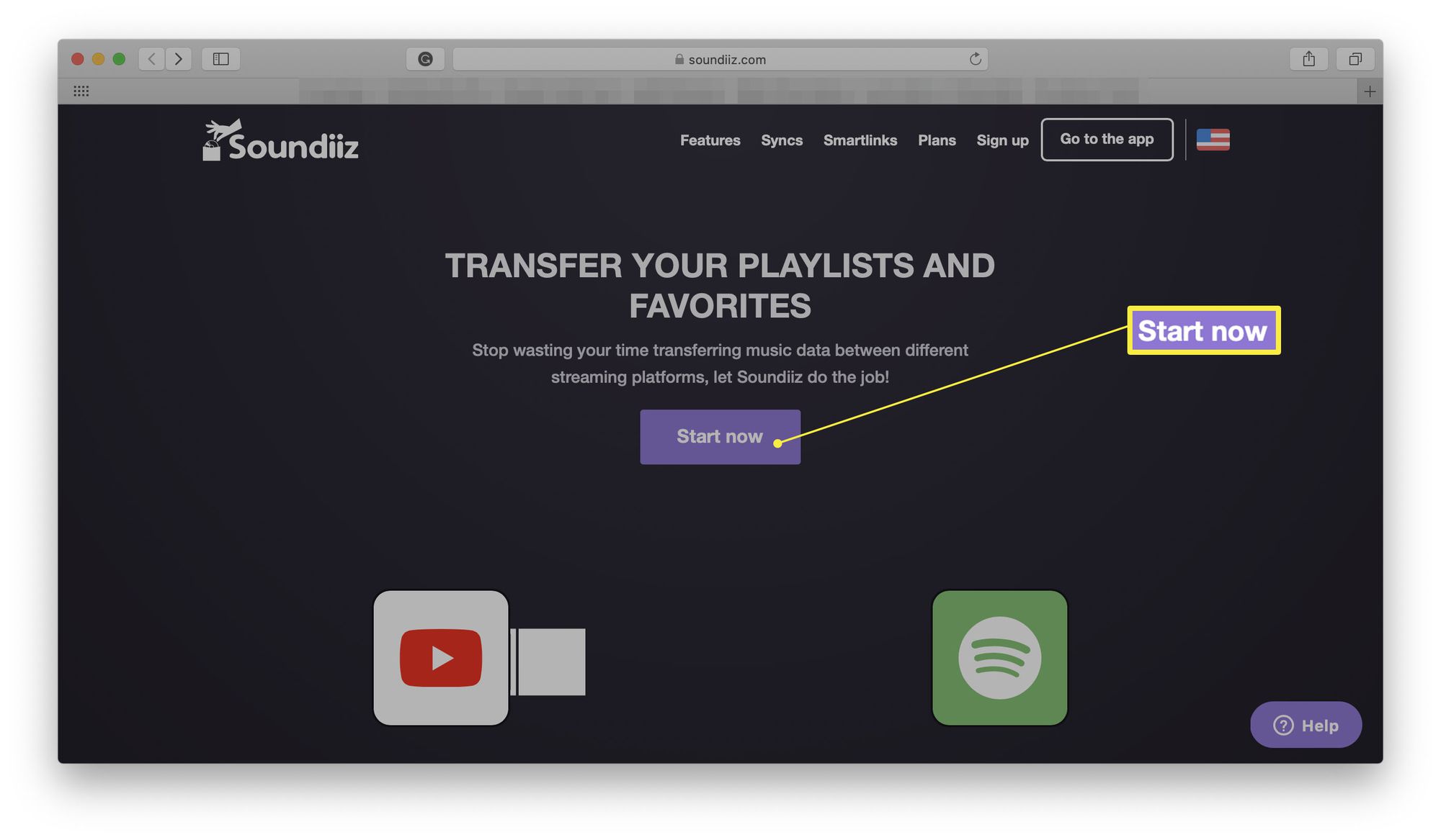 Soundiiz-verkkosivusto, jossa Launch Now on korostettuna