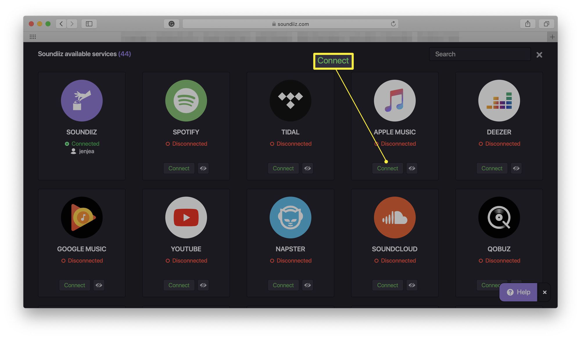 Soundiiz ja Connect to Apple Music korostettuna