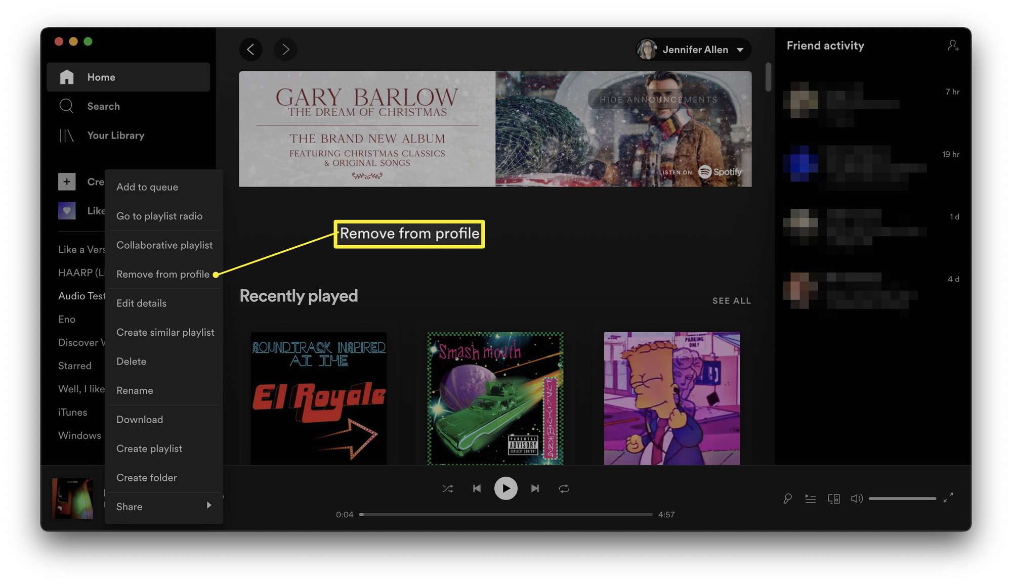 Spotify-sovellus, jossa on korostettuna Poista profiilista.