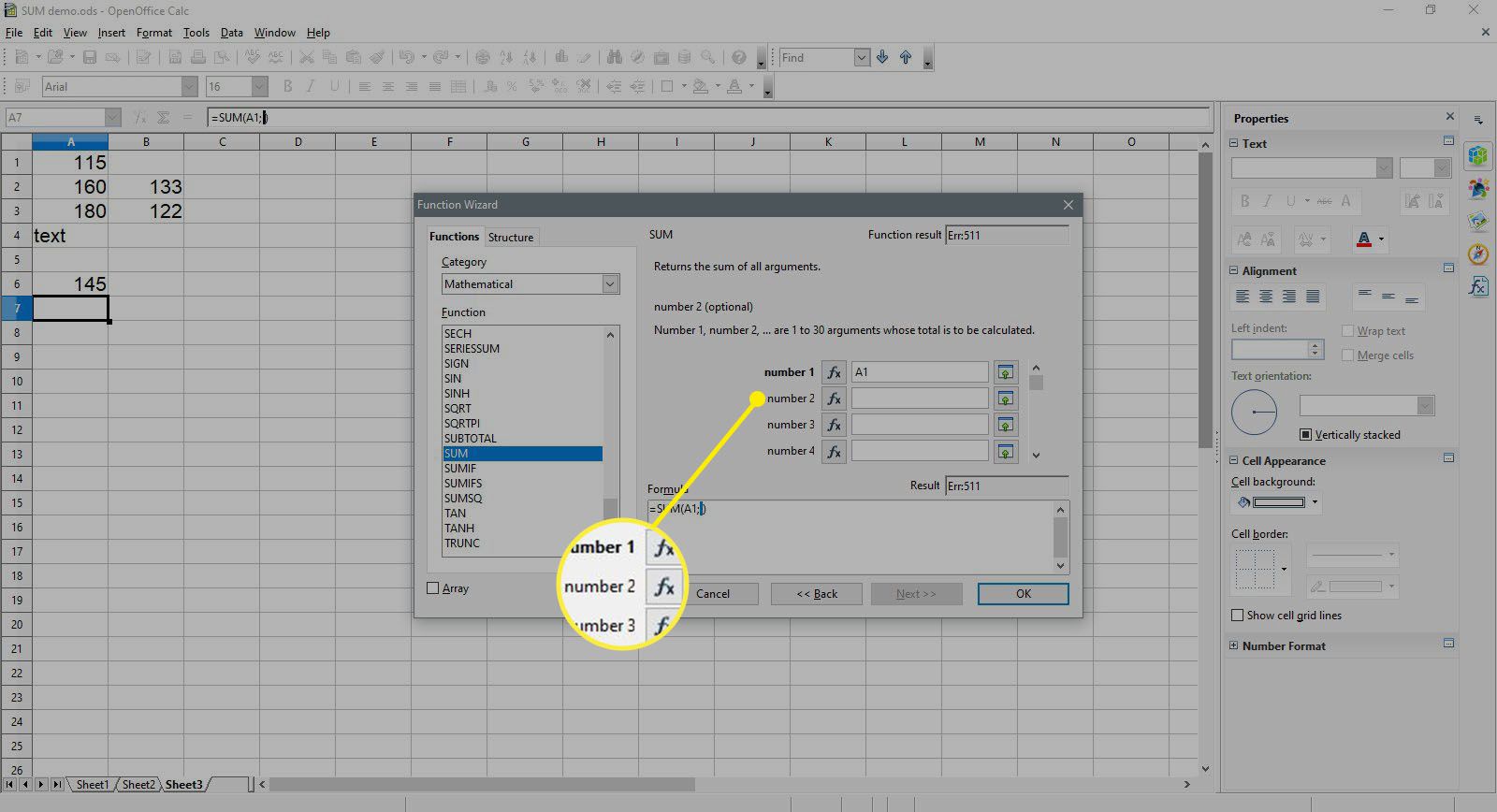 Numeron 2 valitseminen SUM-toiminnossa OpenOffice Calcissa.