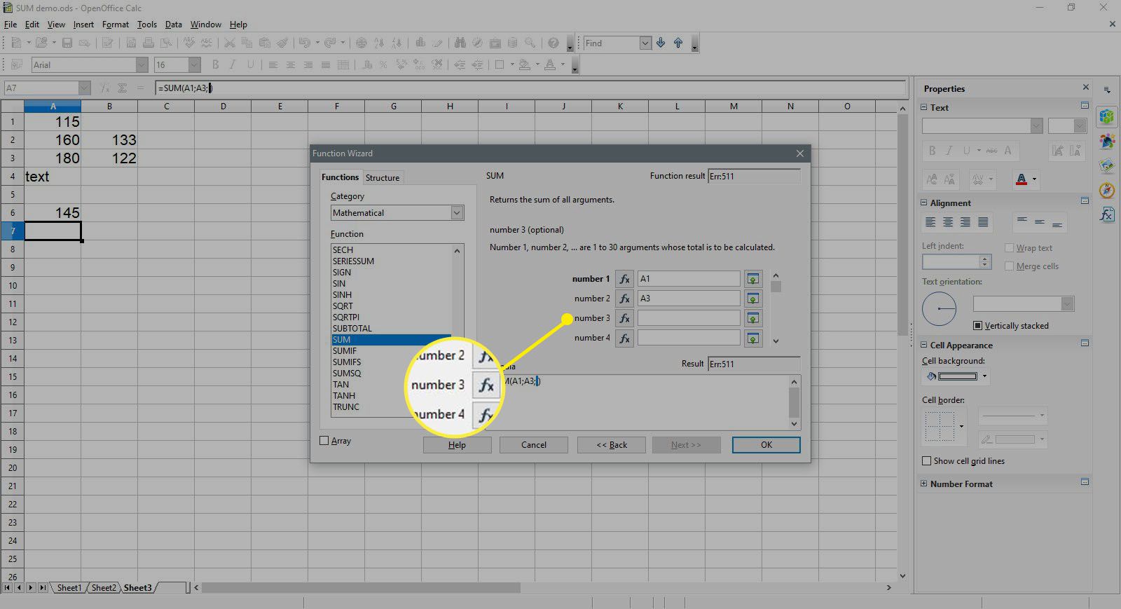 Valitse numero 3 OpenOffice Calcissa.